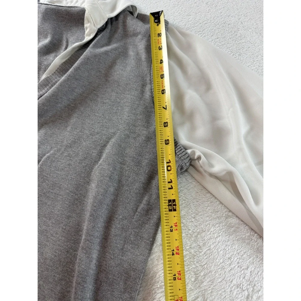 Adrianna Papell Mixed Media Cardigan Grey Knit White Chiffon Sleeve Pearl Button